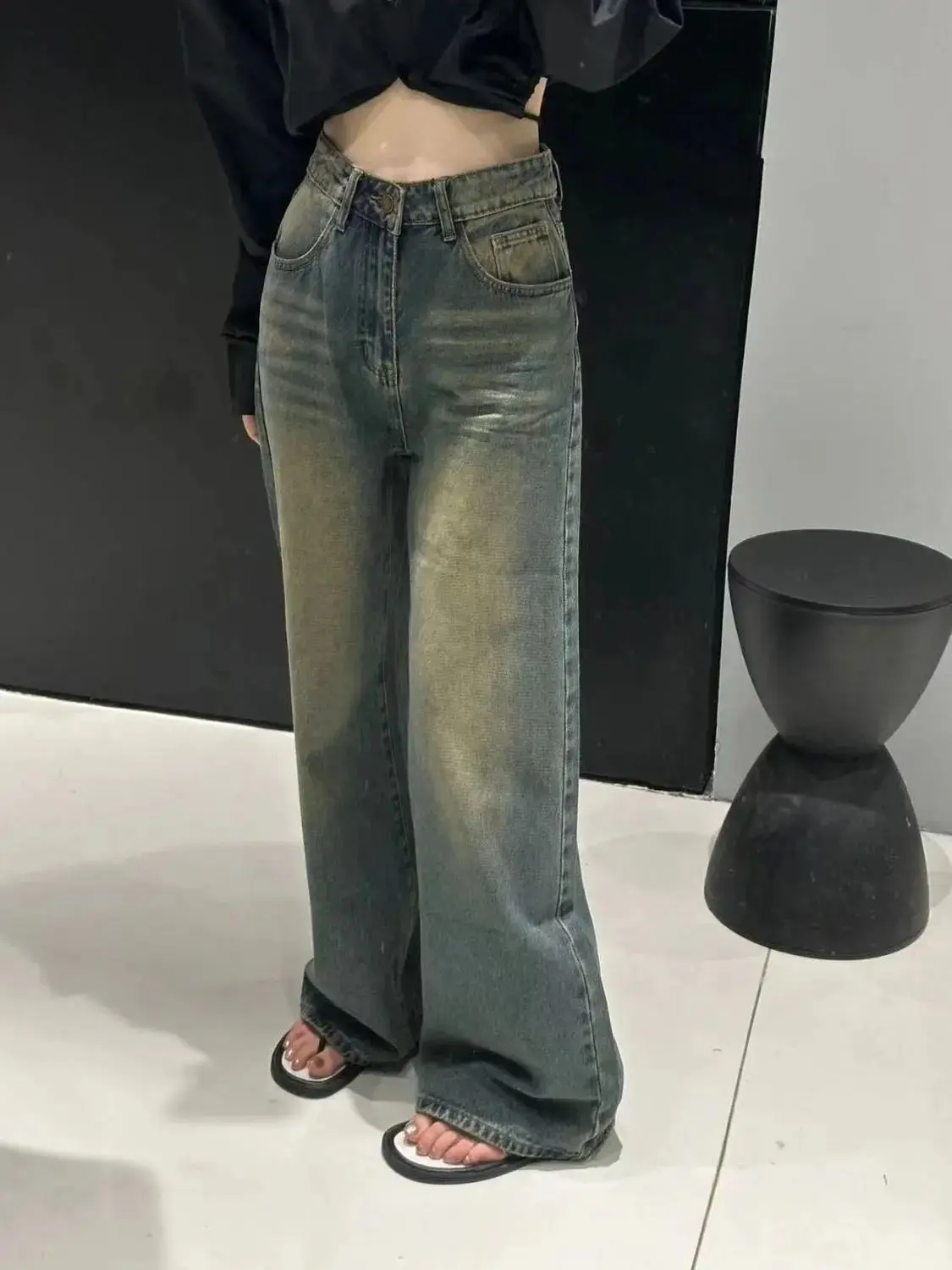 Celana Jeans Wanita High Waist Wide Leg, Model Longgar Kasual, Musim Panas 2025, Warna Biru, Celana Panjang Lurus, Celana Panjang Ele