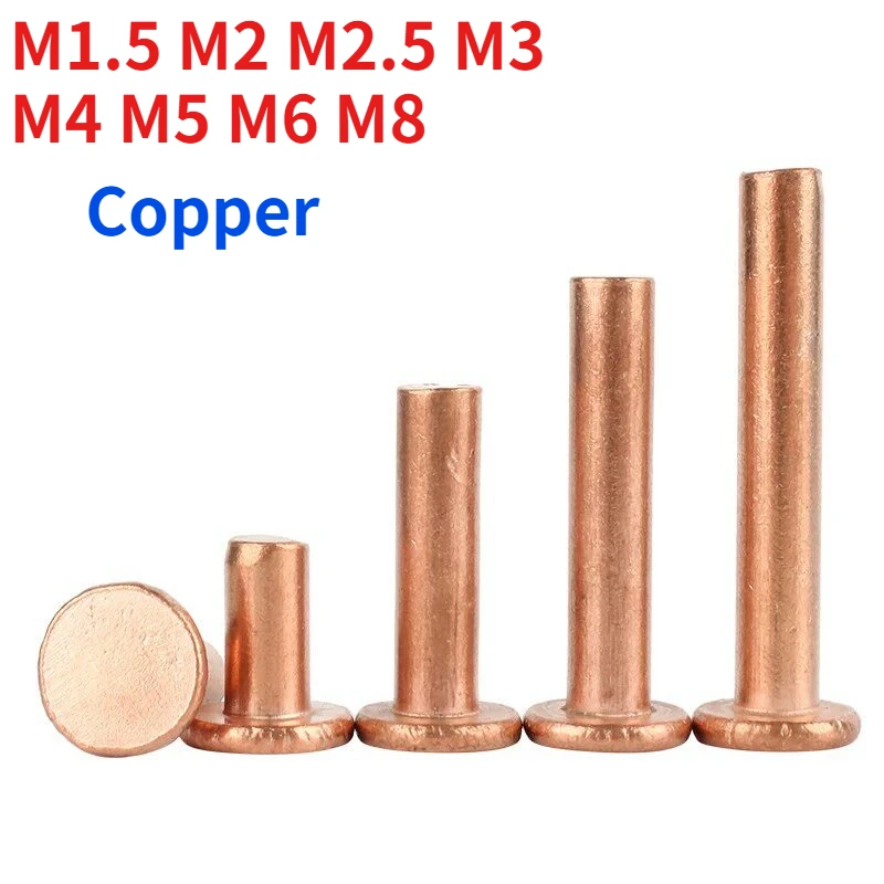 1-50pcs M1.5 M2 M2.5 M3 M4 M5 M6 M8 GB109 Pure Copper Round-head Solid , Flat-head, Hammer-set Rivets Length: 2–50 mm