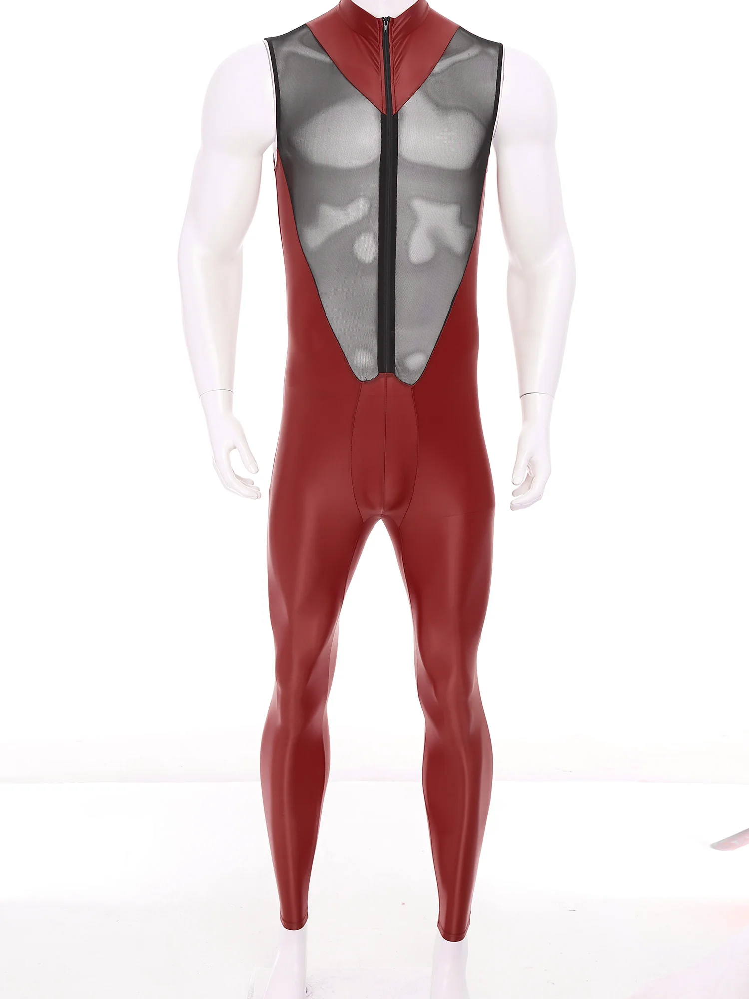 

Men Sexy Sheer Mesh Patchwork Jumpsuit Nightclub Rave Party Sleeveless Zipper Crotch Long Pants Leggings Catsuit Swimwear