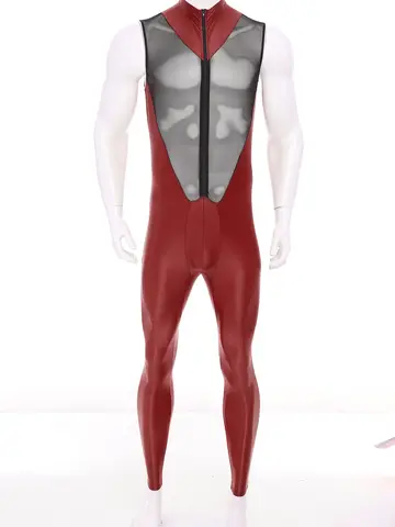 Men Sexy Sheer Mesh Patchwork Jumpsuit Nightclub Rave Party Sleeveless Zipper Crotch Long Pants Leggings Catsuit Swimwear