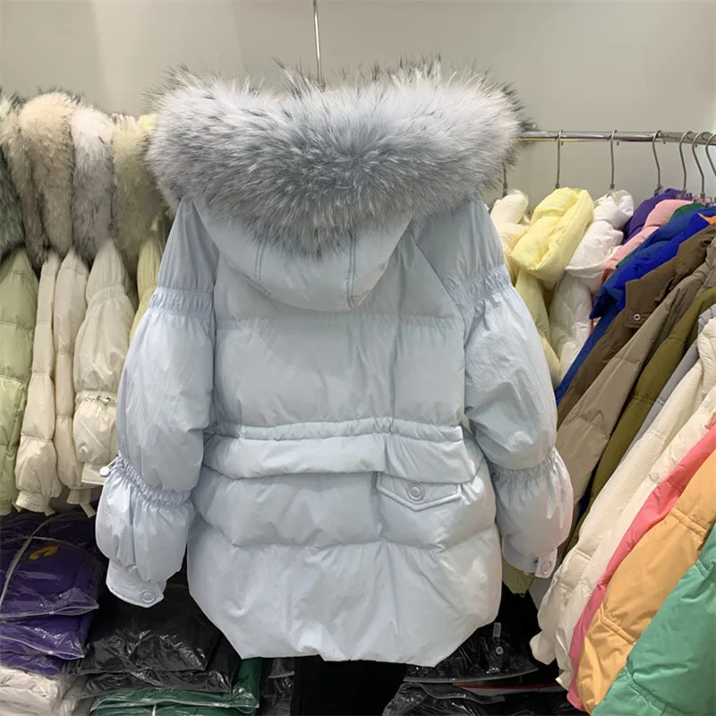 New Winter Women 90% White Duck Down Jacket Real Large Fur Collar Coat Thick Warm Streetwear Female Parka Snow Outwear