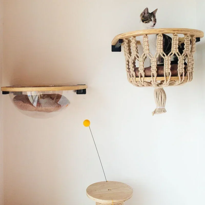 Hot SalesRope Woven Basket Space Capsule Solid Wood Cat Climbing Frame Wall Mounted Large Cat Nest Jumping Platform Hemp Rope 76
