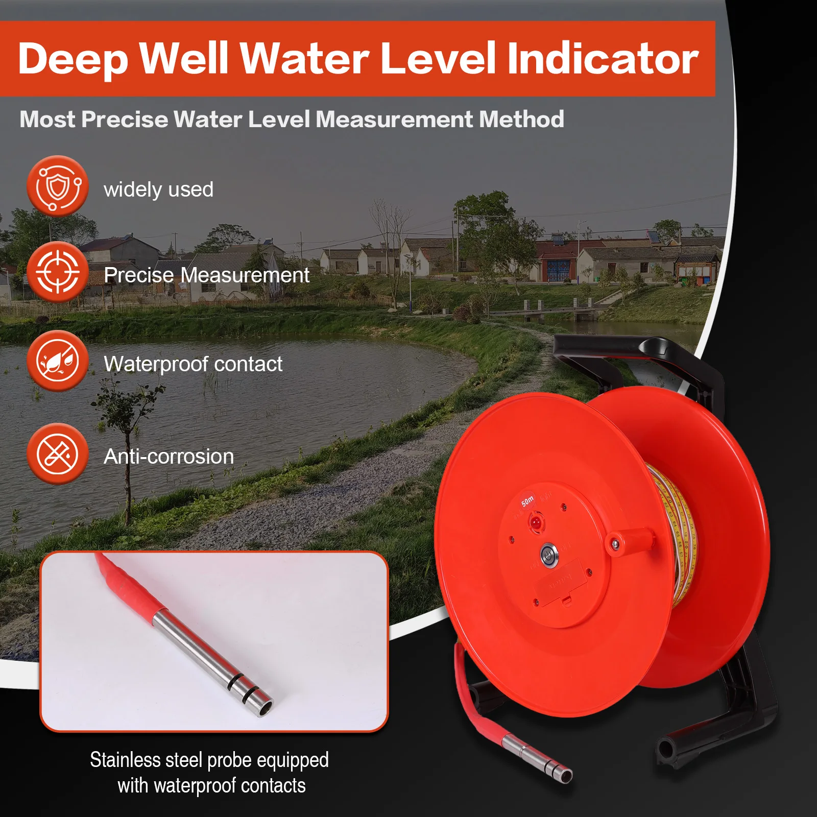 

50m Deep Well Water Level Meter with Fixed Probe and Steel Tape Water Level Measurement for Wells Boreholes Reservoirs and Pipes