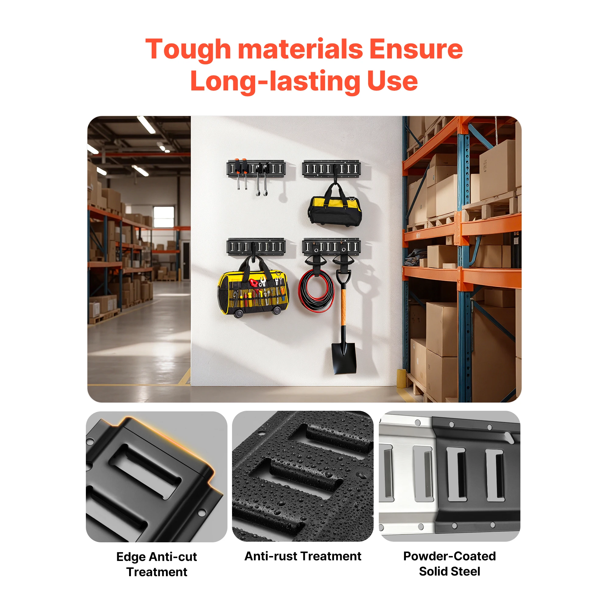 E-Track Tie-Down Rail Kit, 4 Pack 1.3 ft E Track Rails, 2 U-Shaped Hooks, 2 Tool Holders, 2 Track Shelf Brackets, 2 Tire Holders, 2 Cable Storage Rings, 8 End Caps & 1 Bag