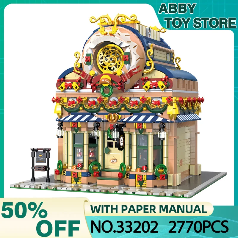 New MOC 33202 Street View Donut Dessert Workshop Model Building Blocks Bricks Construction DIY Toys for Children Birthday Gifts