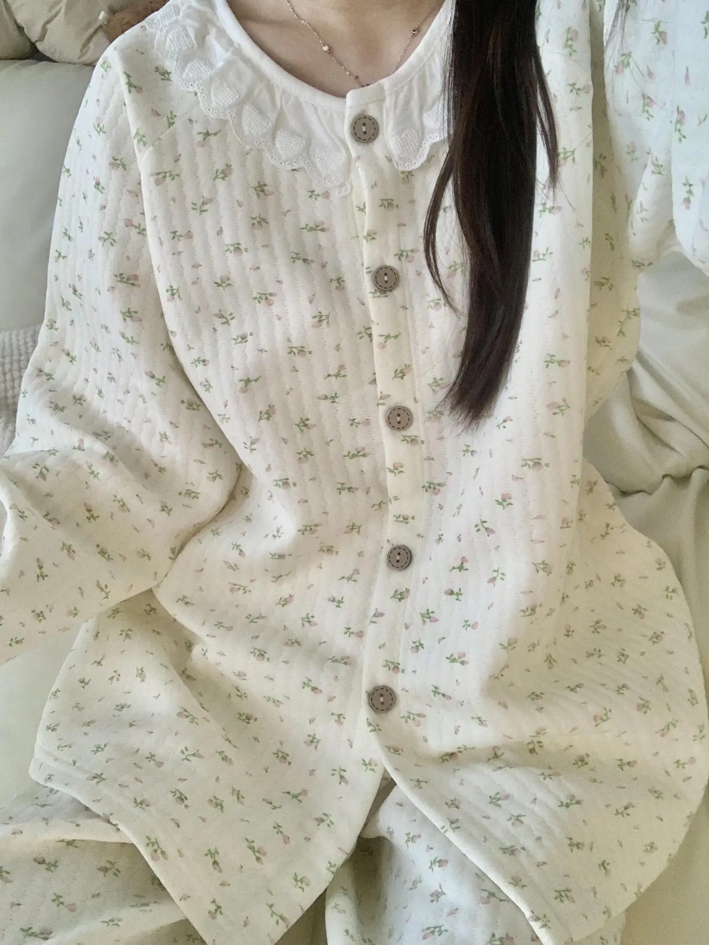 

Korean Style Sweet Lace Floral Thickened Air Cotton Warm Home Clothes Set Women's Autumn Winter Thickened Home Sleepwear