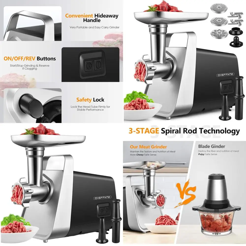 

350W Electric Meat Grinder - 2000W Max, Stainless Steel Blades & 3 Plates, Sausage Maker & Kubbe Kit for Home Use