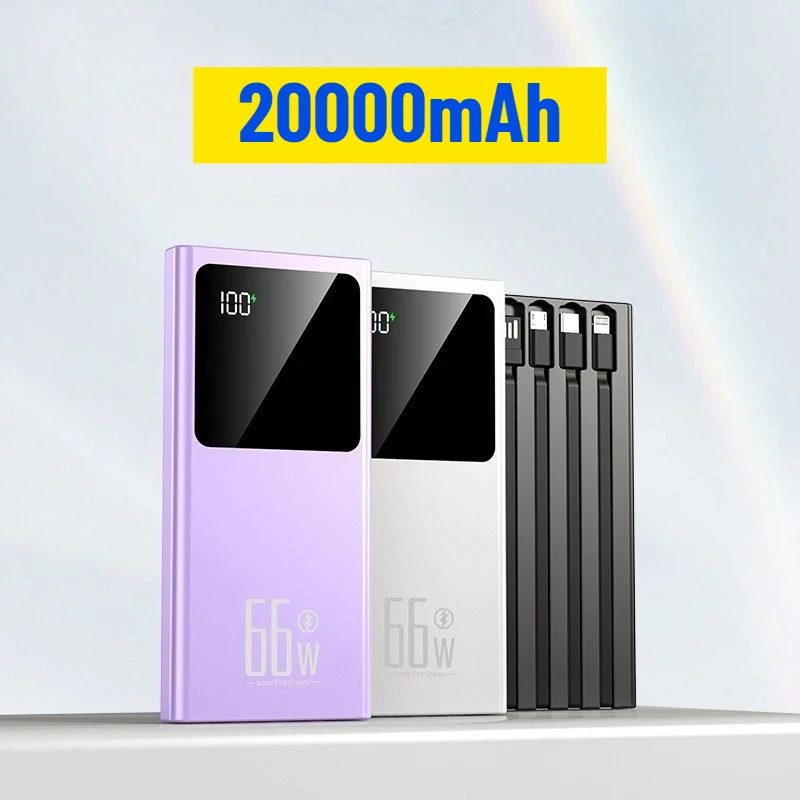 

20000mAh Large Capacity 66W Super Fast Charging Power Bank with Built in Cable and Digital Display Mobile Power Supply