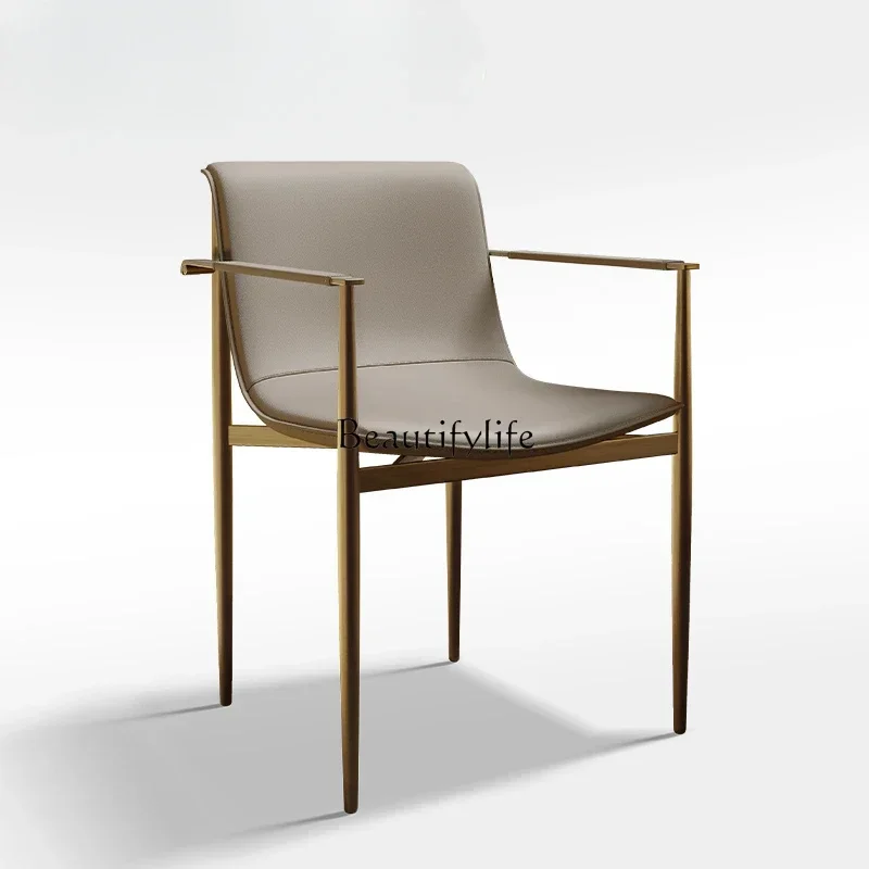 Italian light luxury high-end saddle leather dining chair stainless steel hard leather armrest office chair