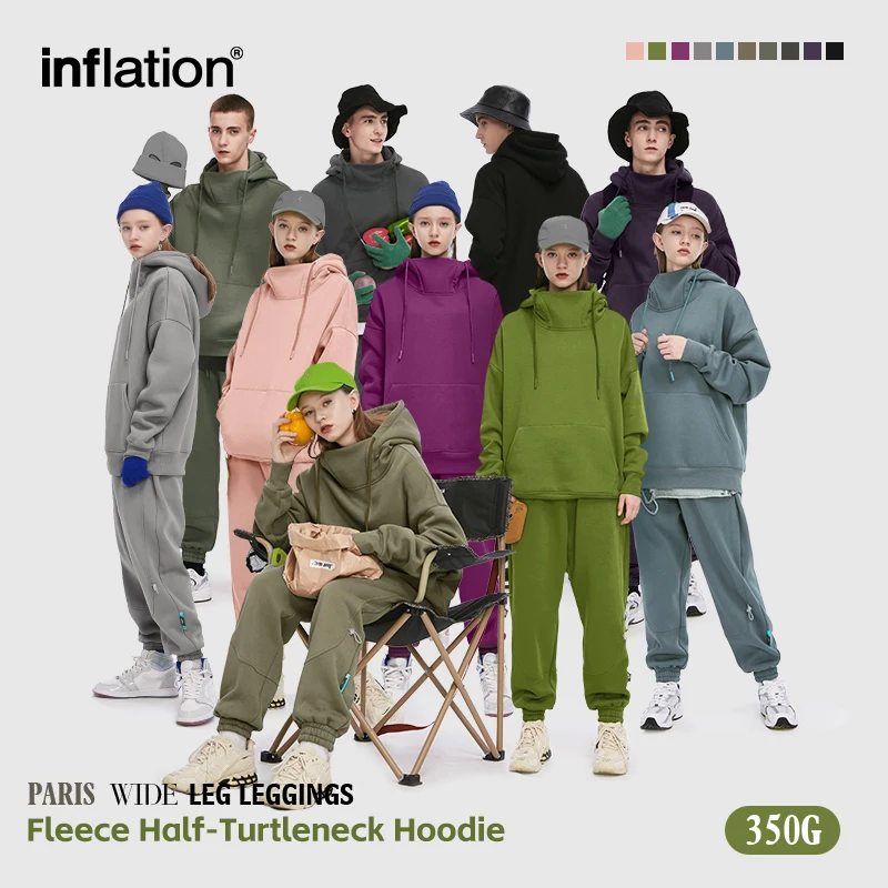 INFLATION 350gsm Thick Fleece Hoodies Unisex Winter Warm High Neck Hoodies Sweatshirts Mens Velvet Oversized Pulloverrs