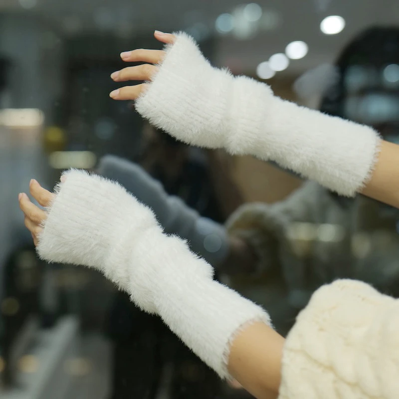 

Autumn Winter Furry Sleeves Party Fingerless Gloves Warm Knit Elbow Protection Arm Sleeves Women Halloween Costume