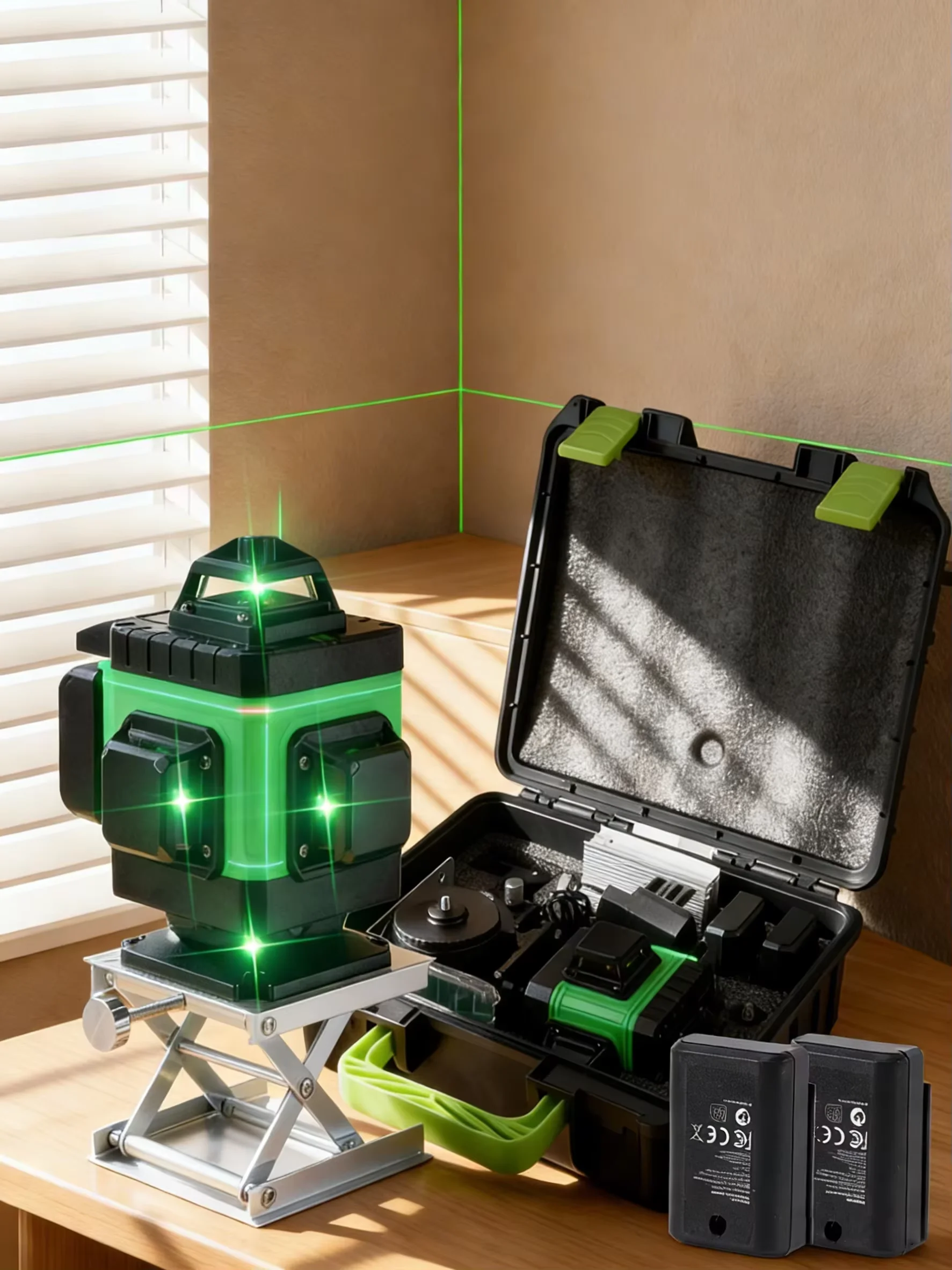 Bogseth 16 Linien 4D Laser-Nivelliergerät, 4x360 °   Grüner Strahl Selbstnivellierender Kreuzlinienlaser, Fernbedienung, 2x2500mAh Akkus, IP54, Stativ & Komplettes Zubehör-Set