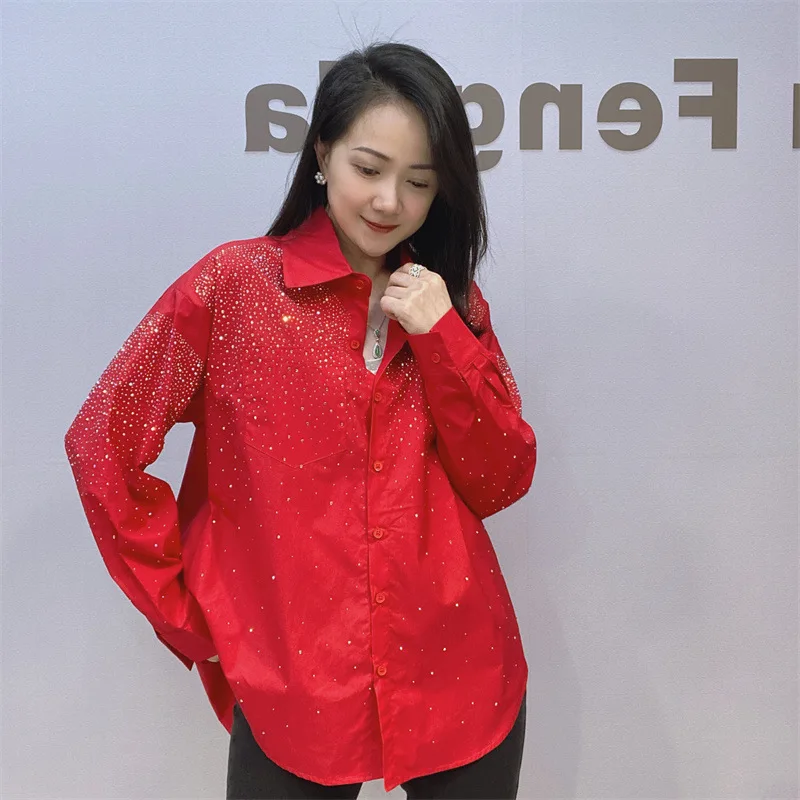 2024 New Spring Heavy Work Hot Drilling Lapel Long Sleeve Shirt Women Fashion Casual Loose Blouse Top s798