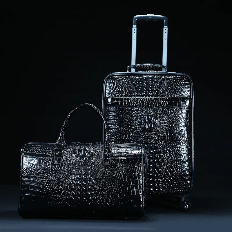 Genuine Leather crocodile pattern travel luggage with handbag backpack men\'s first layer cowhide trolley suitcase boarding case