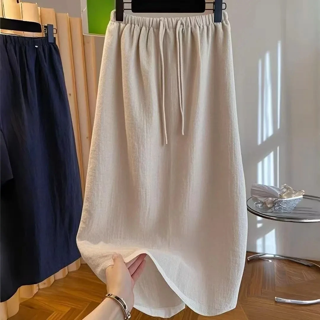 New High Waist Loose Women's Skirt Elastic Waist Summer Belted Large Size New Style Midi Dress Casual Occasion Pure Color