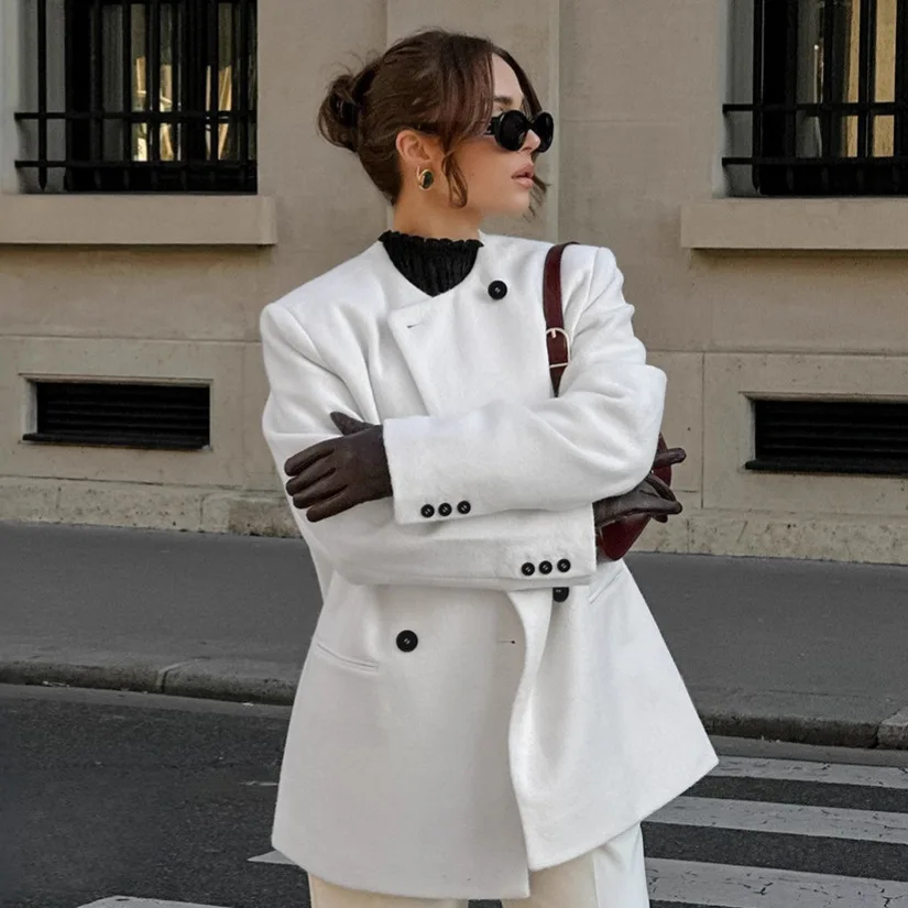 الحد الأدنى الخريف المرأة البدلة سترة بيضاء الخامس الرقبة مزدوجة الصدر جيوب أبلى للإناث سليم صالح منتصف طول معطف سيدة #2