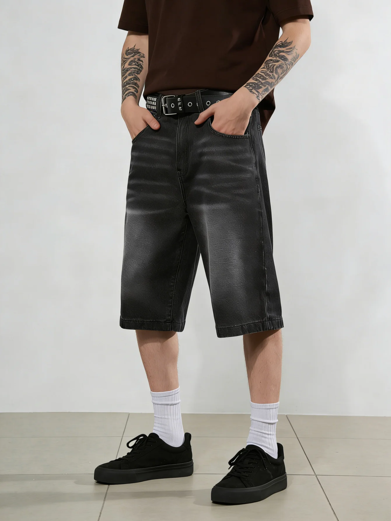 

Мужские прямые черные джинсовые шорты без стрейча, свободного кроя, однотонные, повседневные, для отдыха.