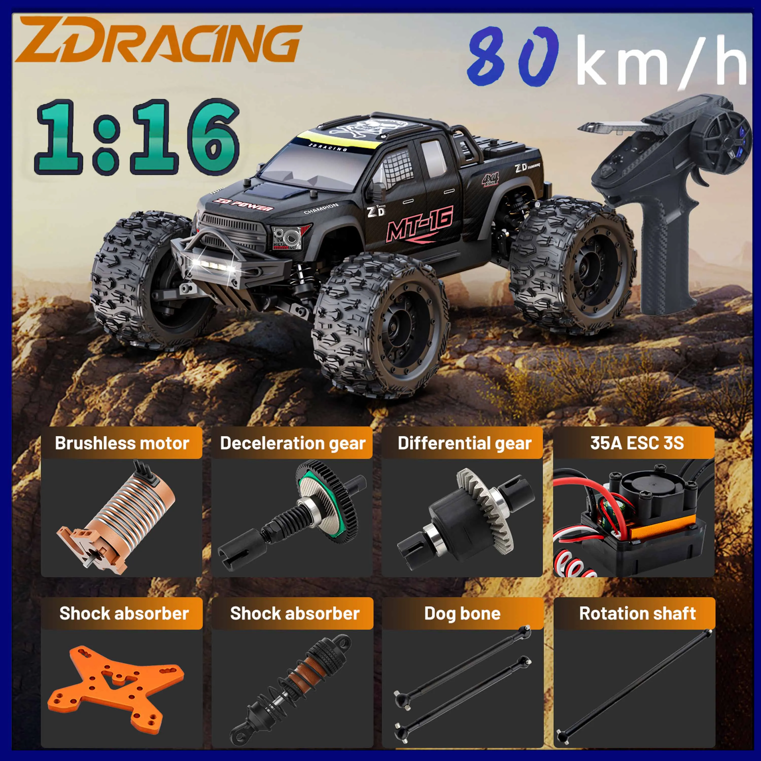 

ZD Racing MT-16 1/16 RC Monster Truck Car 4WD Бесщеточный 80 км/ч Высокоскоростная модель 2,4G с дистанционным управлением для взрослых и детей Детские игрушки