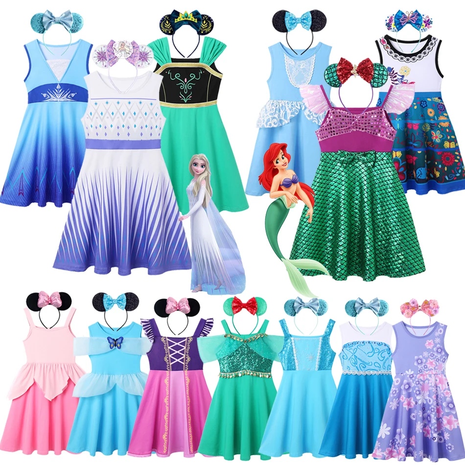 2023 New Disney Girls Princess Dress Frozen Elsa Anna Clothes Kids Cotton Cinderella Jasmine Birthday Children Costume 2-10 Y