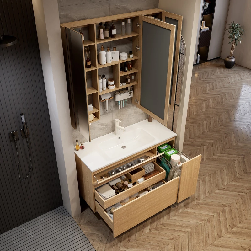 Japanese-style multi-functional bathroom cabinet pull basket storage bathroom mirror cabinet combination set para baño furniture