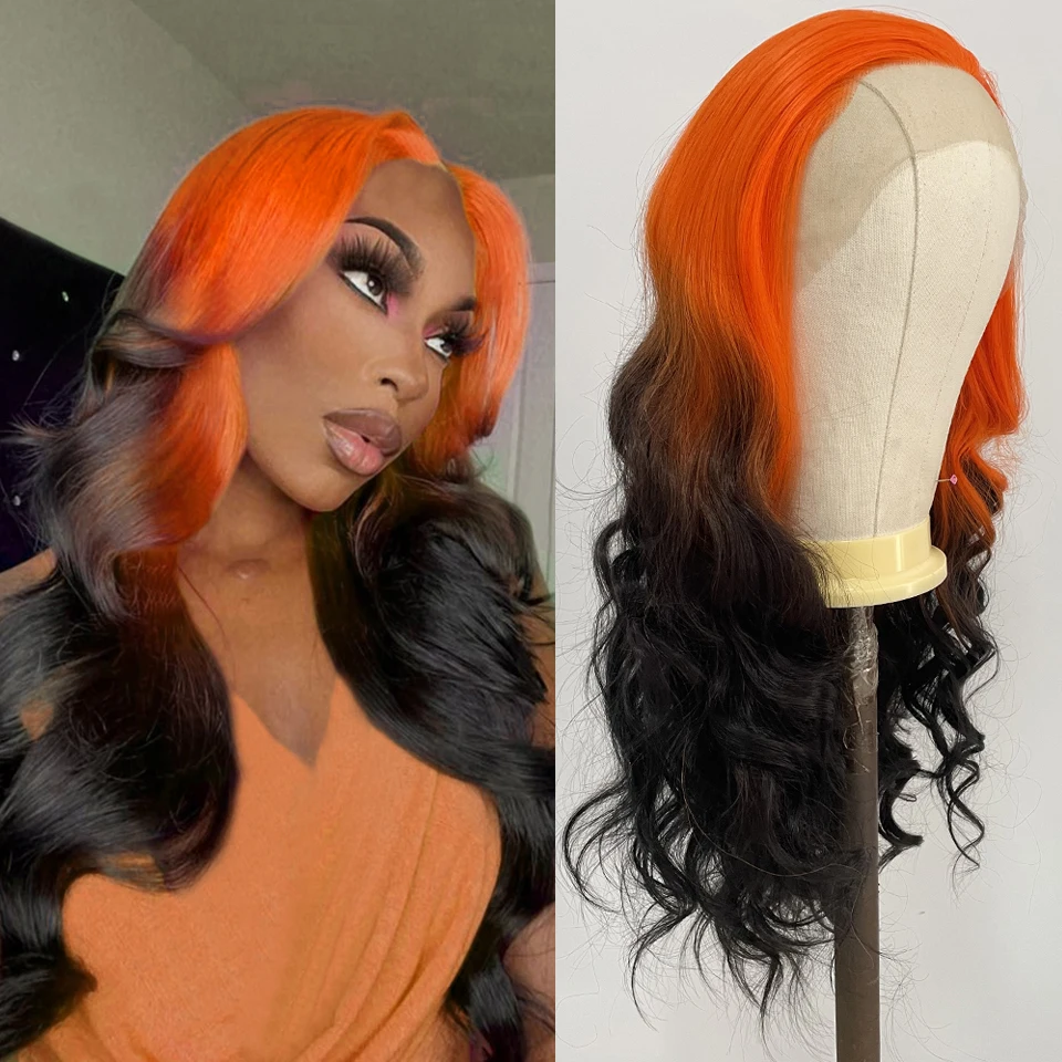 Webster Long Body Wave 13X4 Synthetic Lace Front Wig Black Orange Ombre Wavy Lace Front Wigs For Black Women Natural Looking