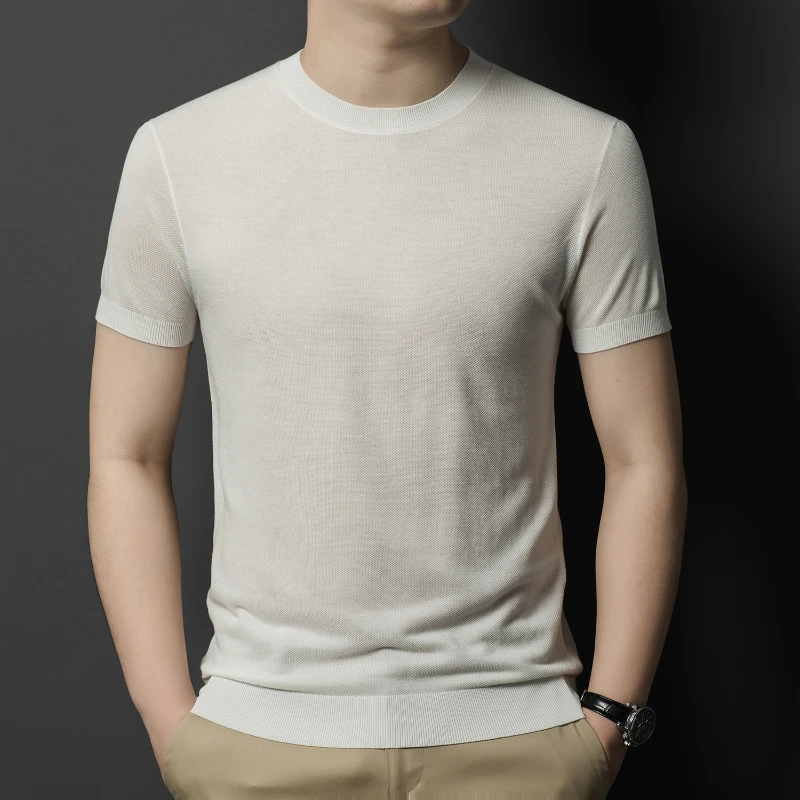 

Spring and summer thin mulberry silk blended round neck short-sleeved knitted sweater breathable and skin-friendly T-shirt men