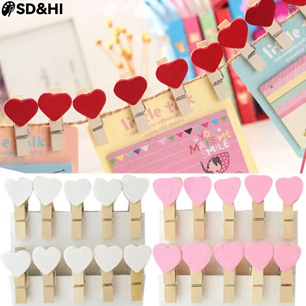 20 Pcs Colored Mini Love Heart Wooden Office Supplies Craft Memo Clips DIY Clothes Paper Photo Peg Decoration 3x0.7cm