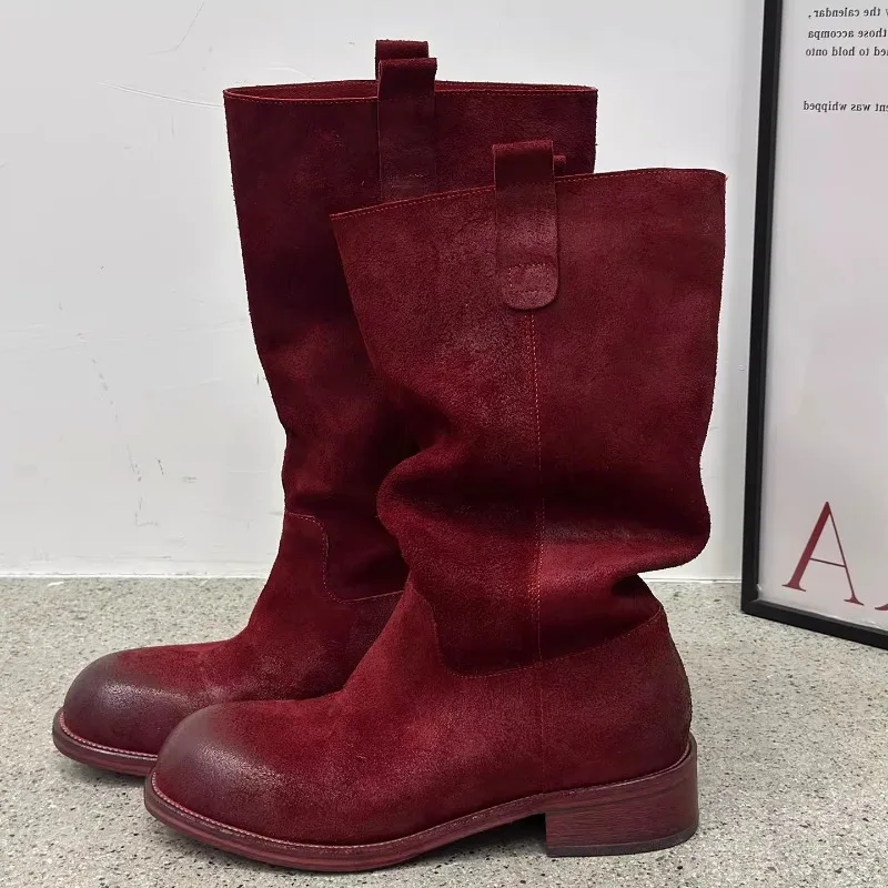 High End Handmade Genuine Leather Thick-soled Mid-Calf Knight Boots Women Shoes Outdoor Riding High Top Motorcycle Female Boots