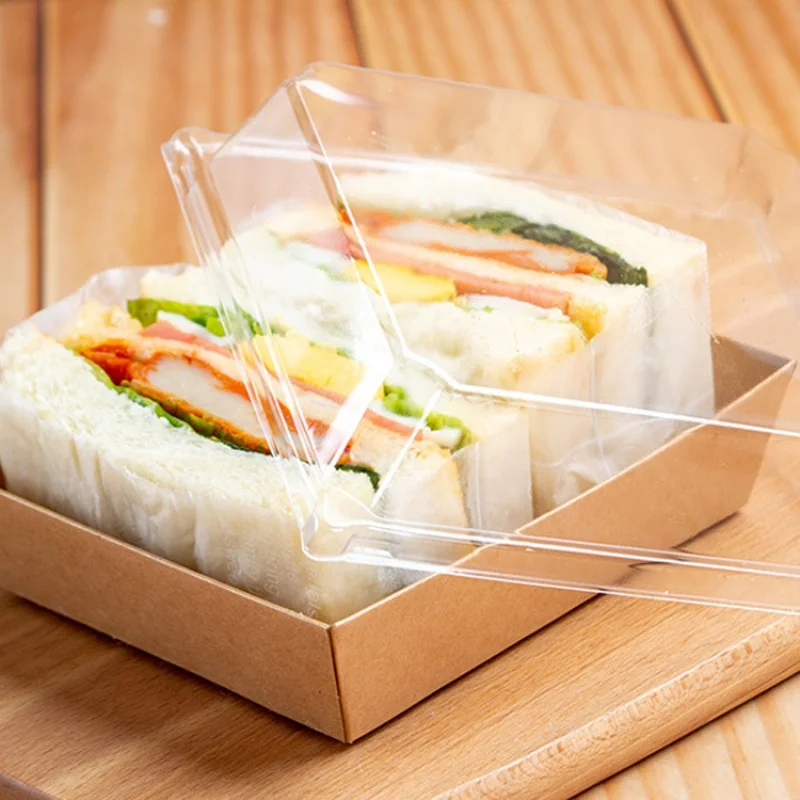 Caja de embalaje de sándwich de productos personalizados, bandeja de papel para perritos calientes, caja de sándwich de Drog Kraft con tapa transparente