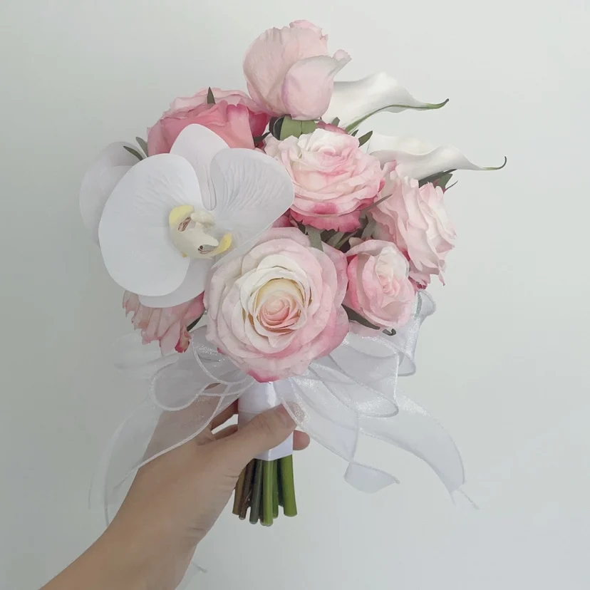 Ramo de flores artificiales para dama de honor, flores de imitación rosas para novia y boda