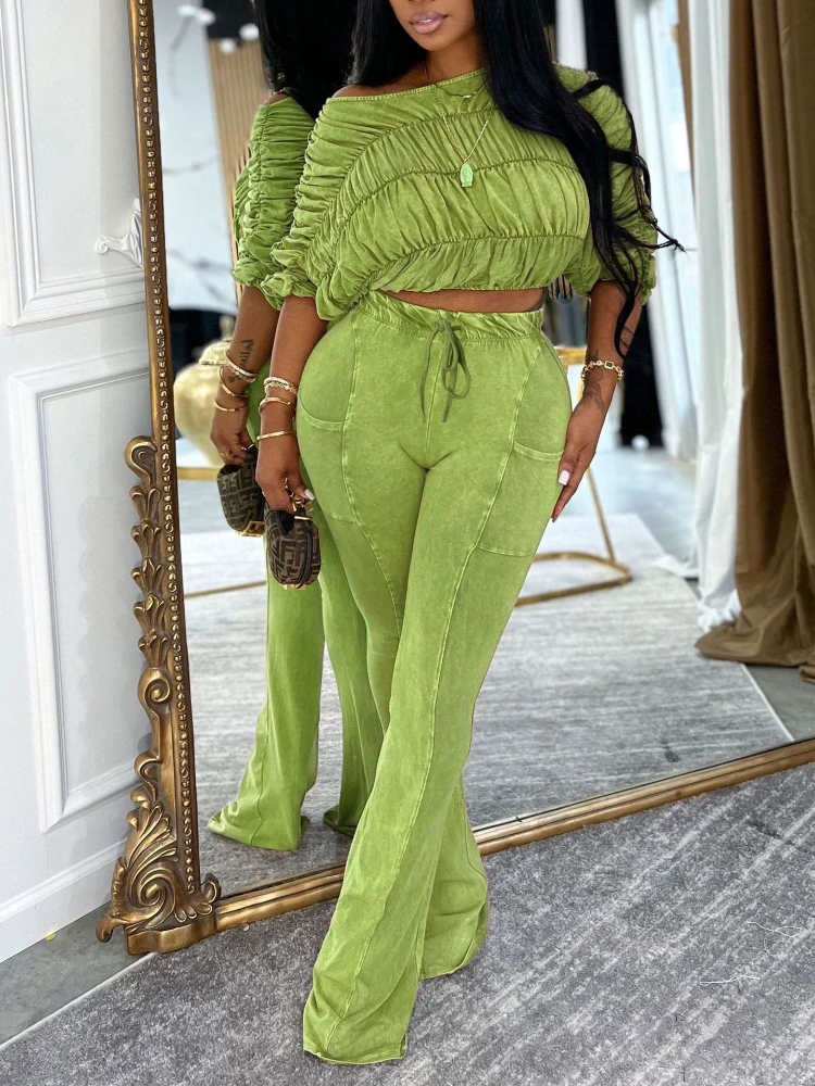 Pant Set Women Two Piece Sets Diagonal Neck Batwing Sleeve Short Tops Pleated Long Pants Lace Up Elastic Waist Y2k Streetwear