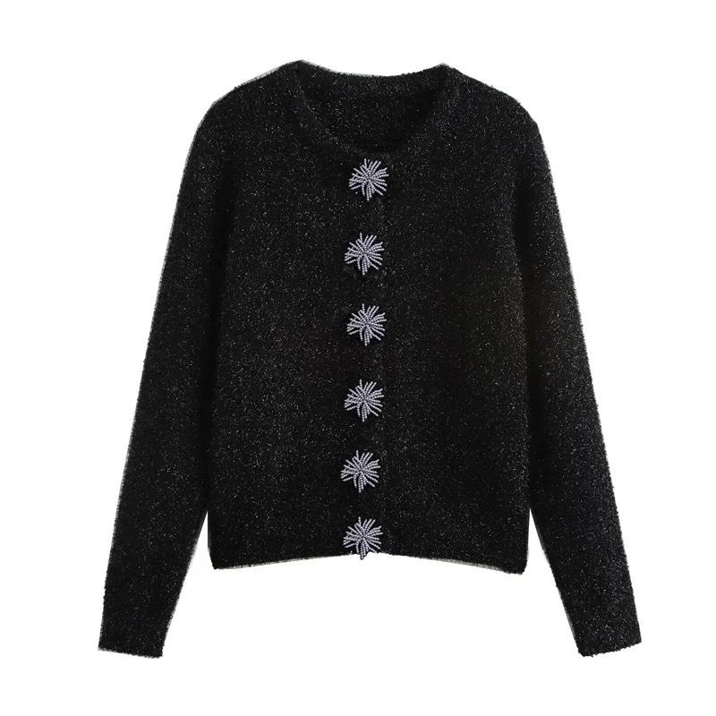 Elegant Black Beading Flower Button Cardigan for Women Autumn Solid Round Neck Long Sleeve Soft Warm Knitwears