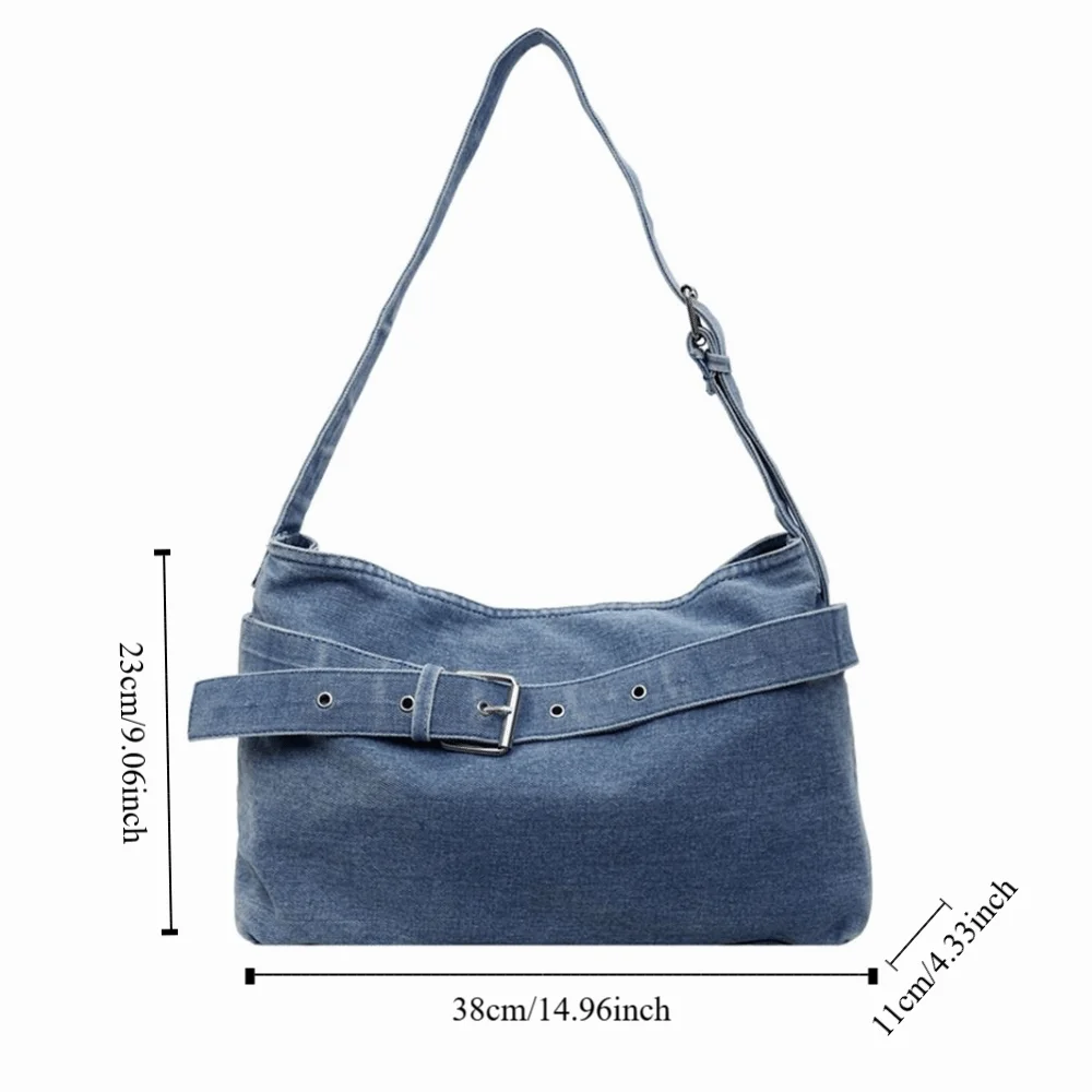 حقيبة يد كاجوال من قماش الدنيم على الطراز الكوري حقيبة حمل من جلد البولي يوريثان حقيبة يد ذات سعة كبيرة بلون سادة وسعة كبيرة تحت الإبط للفتيات