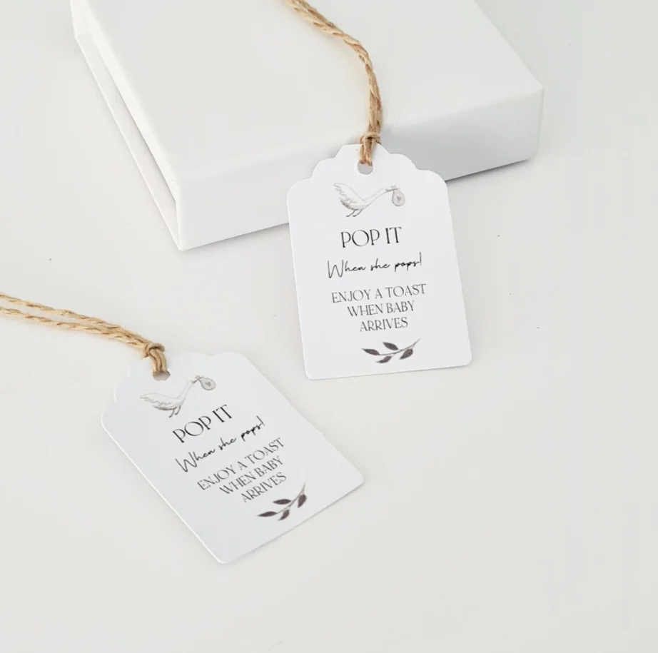 

50pcs Baby Shower Favour Tags, Personalised Pop When She Pops Tags, Baby Stork Design, Size small 3x4.5cm