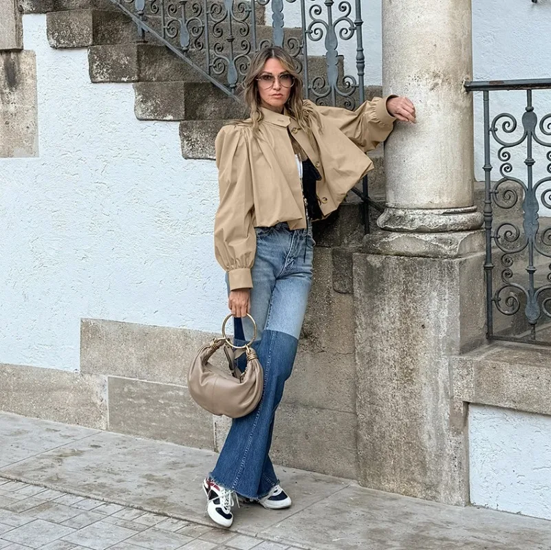 Womens Khaki Stand Collar Pleated Cropped Trench Coat Loose Windbreaker Jacket 2026 Spring Fall New Design Elegant Chic Fashion