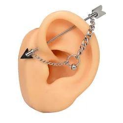 1PC Surgical Steel Sparkly Industrial Piercing Jewelry With Chain Tassel Ear Bridge Piercing Barbell Earrings for Women Men 16G