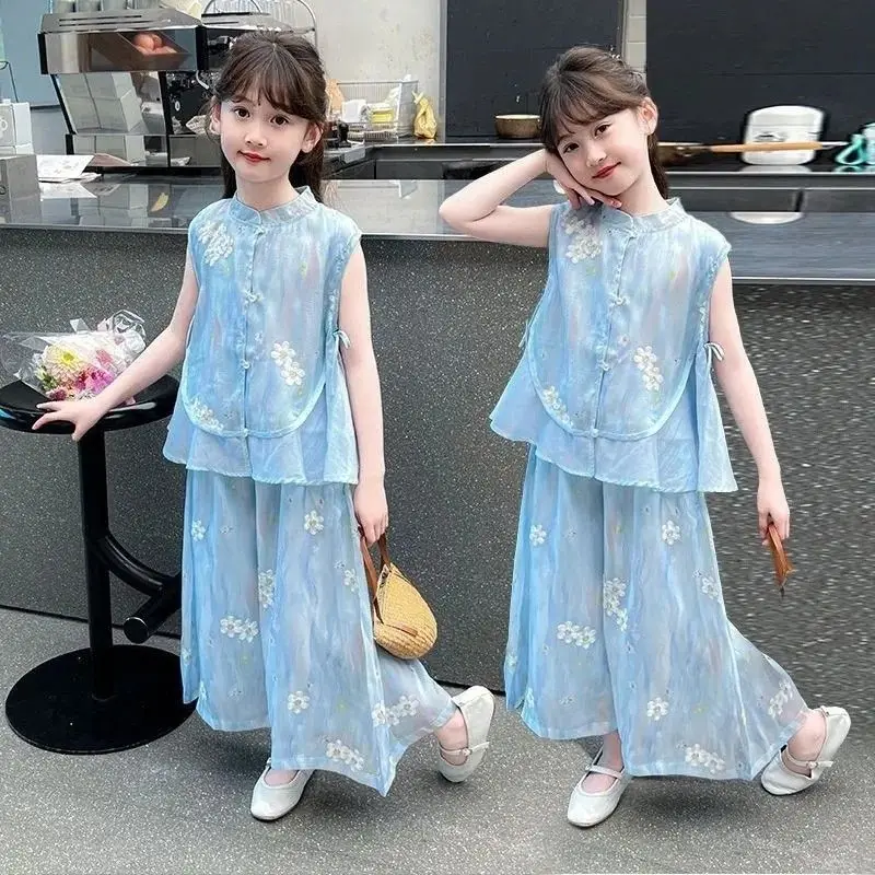 Kids Girls Elegant Oriental Set, Light Blue Tie-Dye Sleeveless Vest with Floral Embroidery + Sheer Wide Leg Pants, Summer Co-Ord