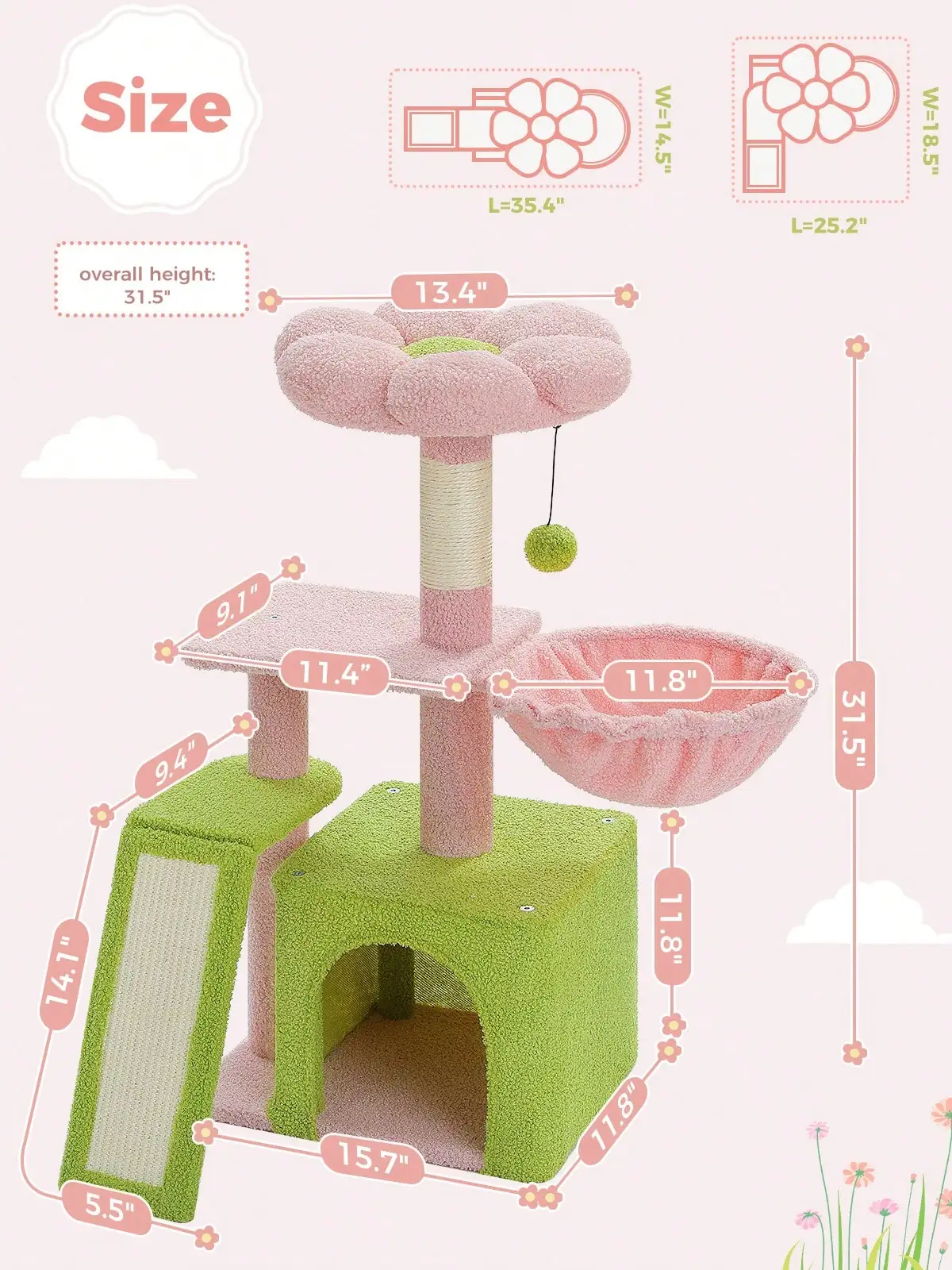 Road Cat Tree For Indoor Cats, 31.5'' Small Flower Cat Tower Condo With Sisal Scratching Ramp, Cozy Hammock And Removable Flower Cat Bed Perch For Kittens - view 3