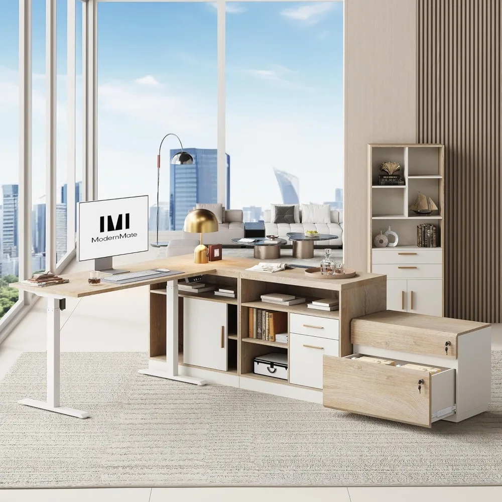 

"67-inch standing desk with 59-inch bookshelf and 2-drawer file cabinet, home office furniture, light walnut finish"