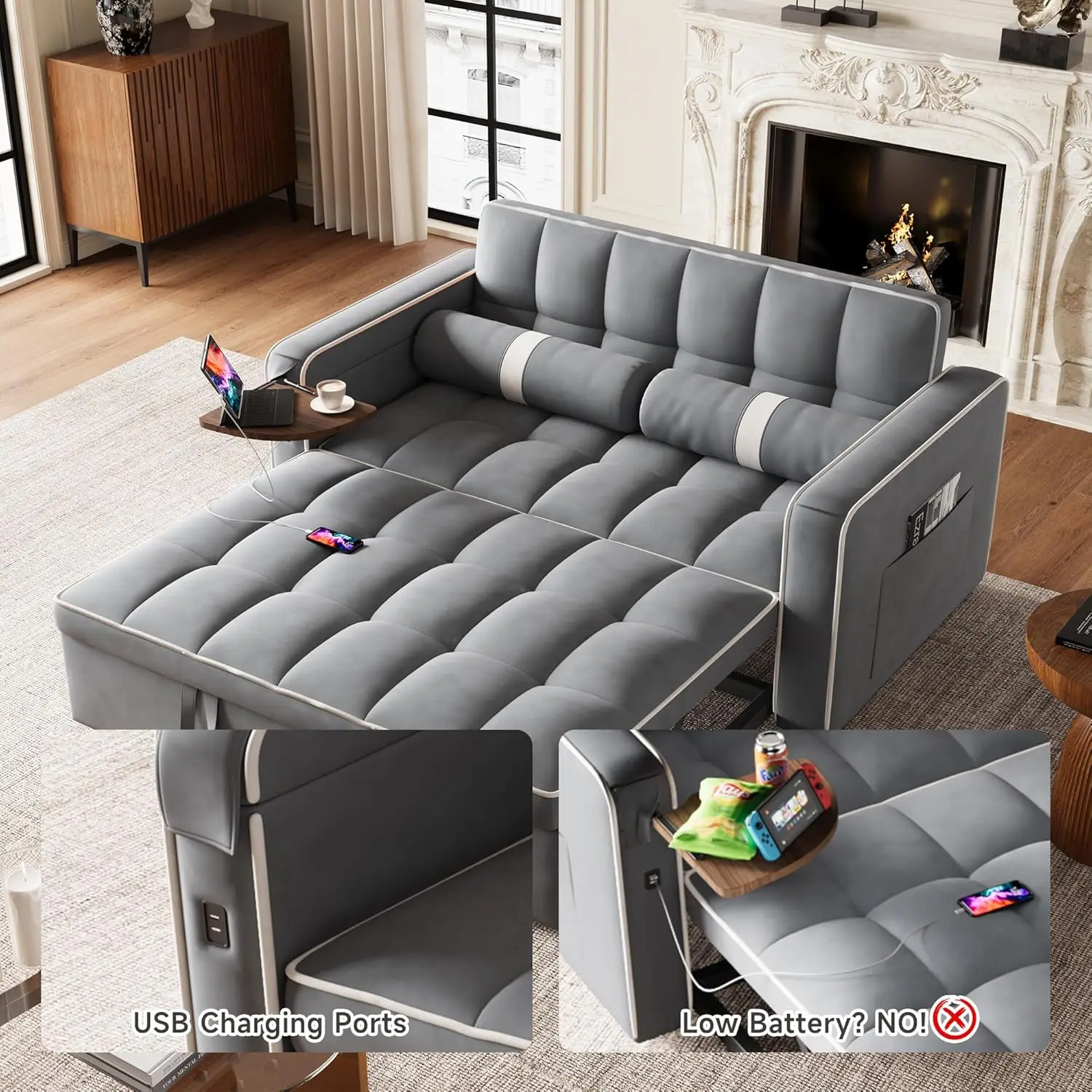 Convertible Love Seat Couch, 3 em 1 sofá-cama, mesa lateral, Sofá Futon adornado com cama dobrável, Encosto ajustável