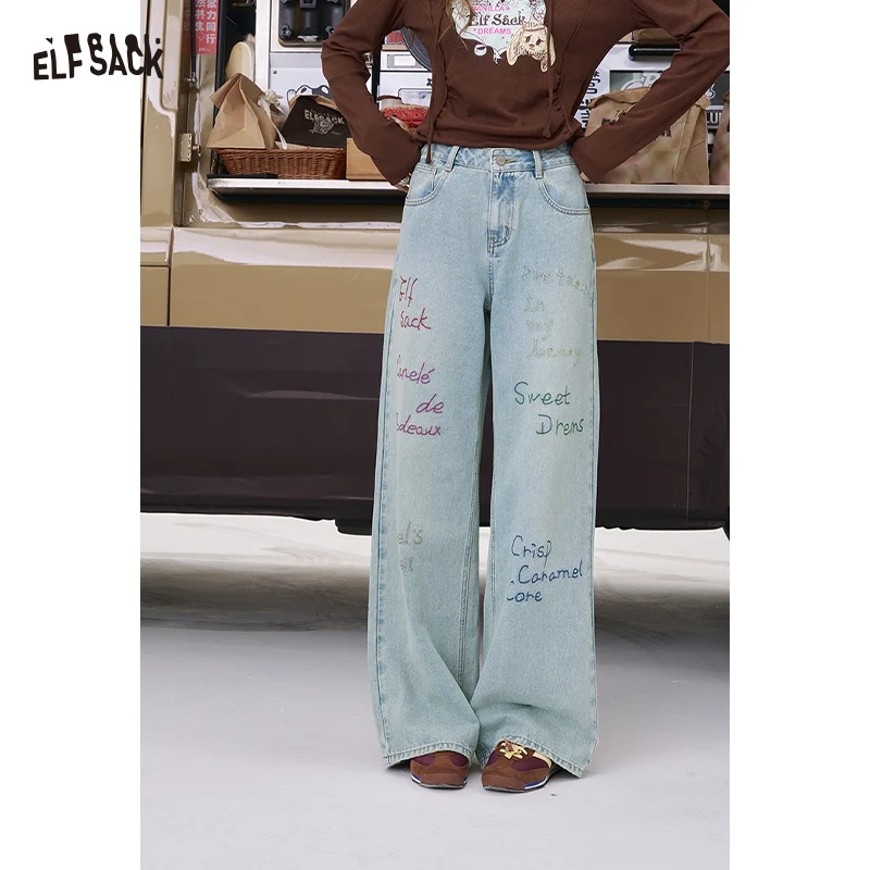 ELFSACK 2025 Autumn New Arrival Casual Artisan Embroidered Light Wash Wide-Leg Jeans Loose Straight Pants For Woman