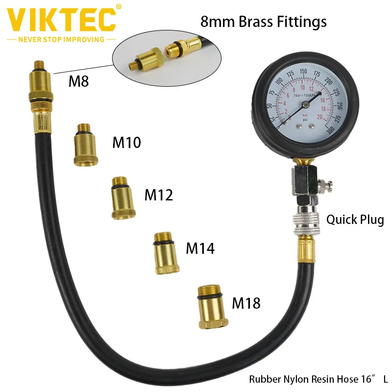 0-300PSI Engine Compression Tester Kit, 9pcs Engine Cylinder Pressure Gauge for Petrol Gas Engine for Petrol Gas Engine VT01053B