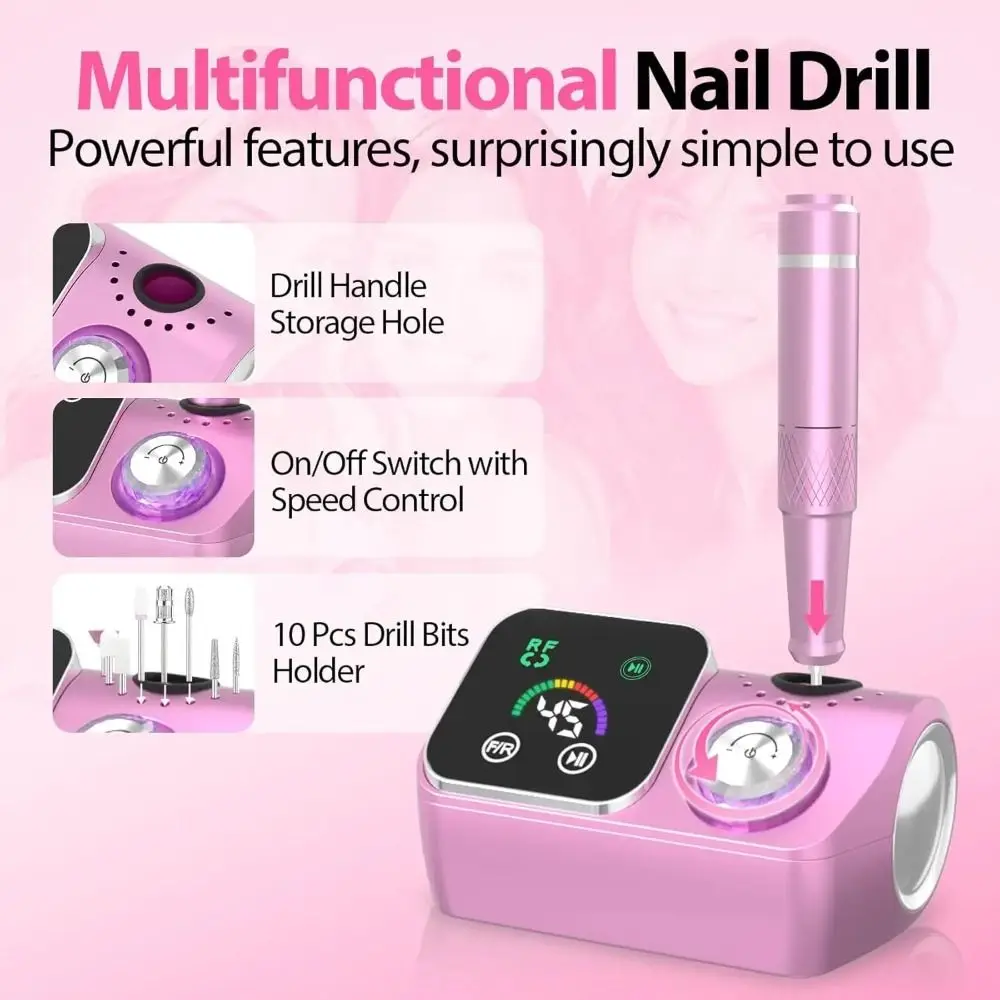 Portable ABS Electric Nail Drill Machine Rechargeable Pink Nail Drill Machines 45000RPM LCD Display Efile Nail Drill Home