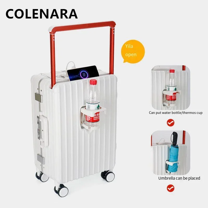 COLENARA Rolling Suitcase Front Opening Laptop Boarding Aluminum Frame Luggage 20 Inches with Cup Holder Password Suitcase