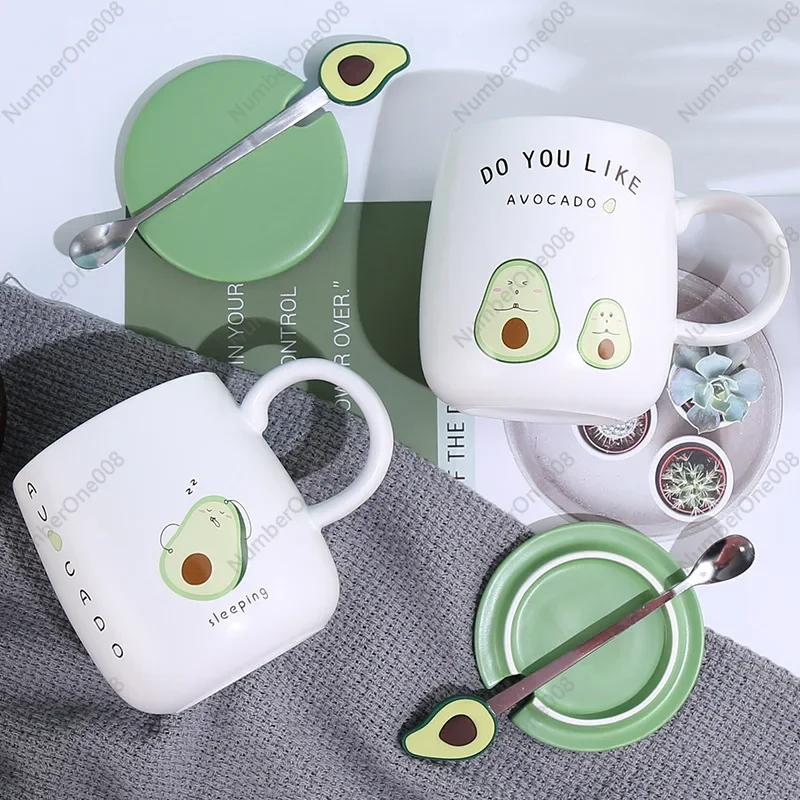 Mugs with Avocado Funny Coffee Cup Ceramic Creative Color Heat-resistant Mug with Lid 400ml Kids Office Home Drinkware Gift