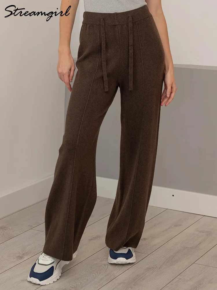 Streamgirl البني محبوك السراويل للنساء الشتاء الربيع عالية الخصر الأبيض مستقيم محبوك السراويل طويل القامة المرأة السراويل واسعة الساق