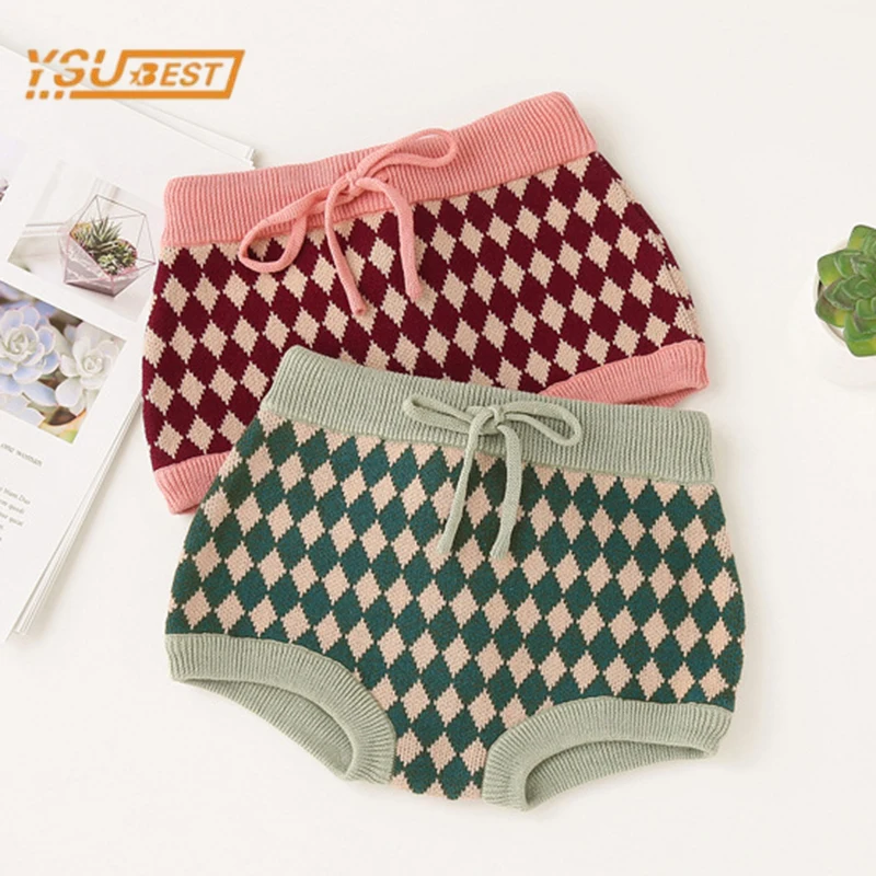 Children Baby Girls Cute Knitted Bread Pants Kids Shorts Pants Autumn Winter Child Knitting Kids Baby Girls Grid Short Pants