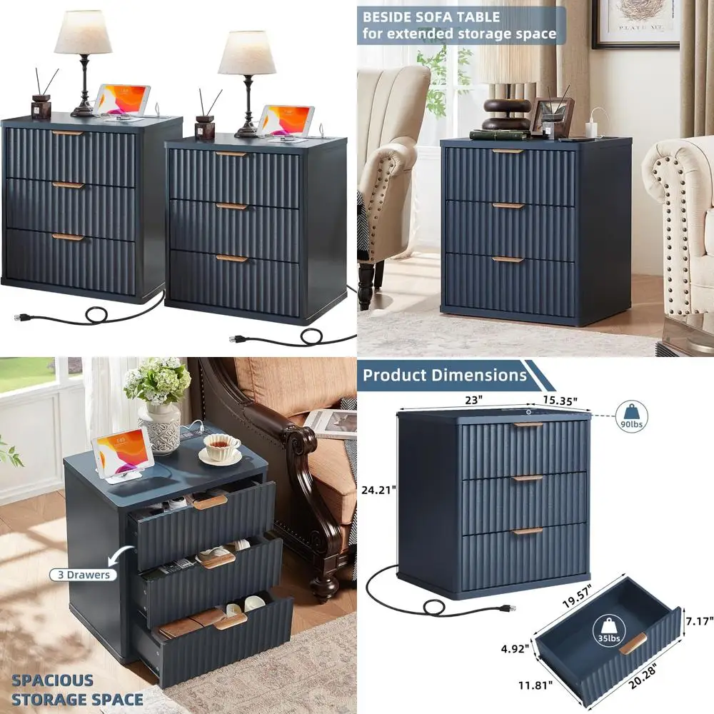 مجموعة منضدة مزرعة واسعة 23 مع قاعدة شحن، 3 أدراج، مقابض معدنية، طاولة نهاية كبيرة، طاولات ليلية زرقاء