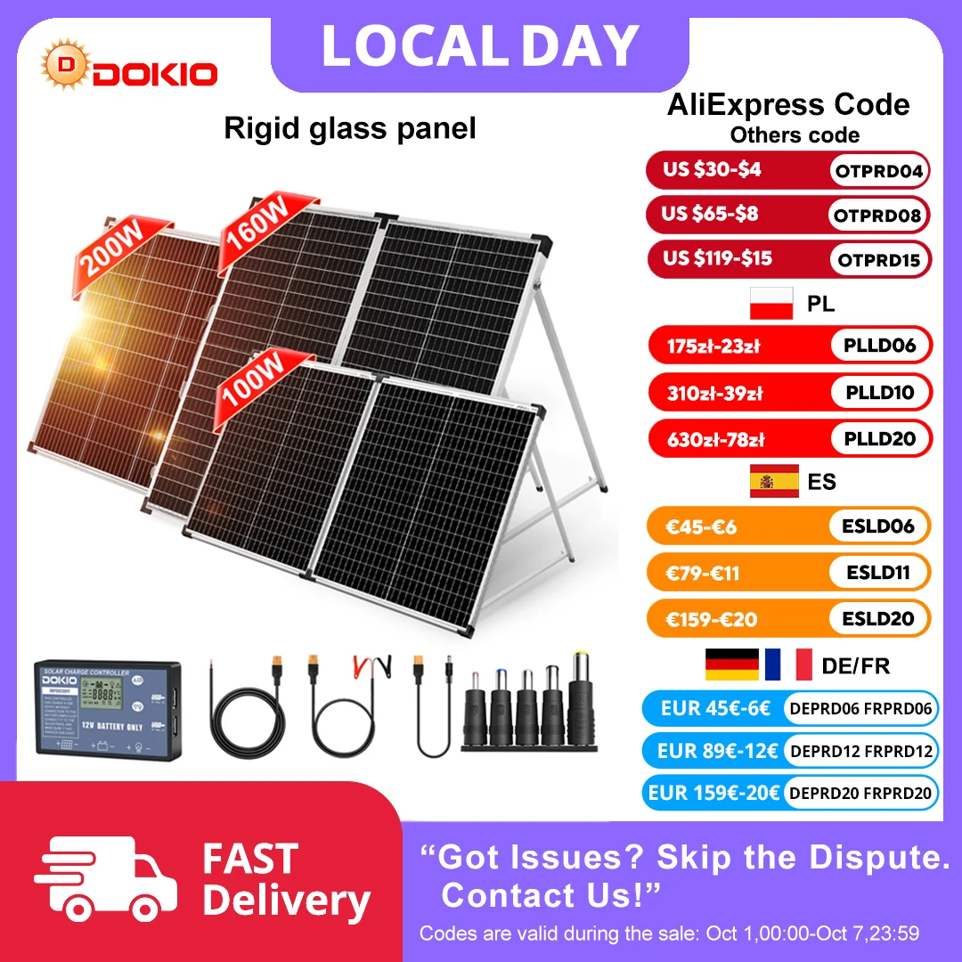 Pannello Solare Pieghevole Dokio per Camper e Sistemi Off-Grid, Monocristallino 100W 160W 200W con Regolatore 12V