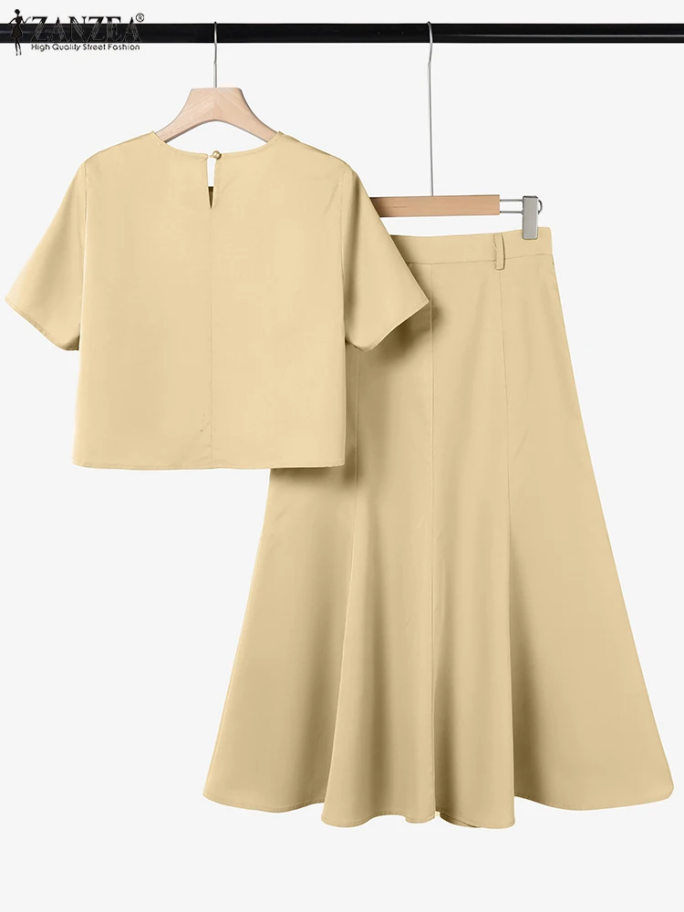 ZANZEA 2PCS Summer Outfits Women Dress Sets Elegant Work OL Tracksuits Elegant Short Sleeve Blouse Sundress Solid Matching Sets